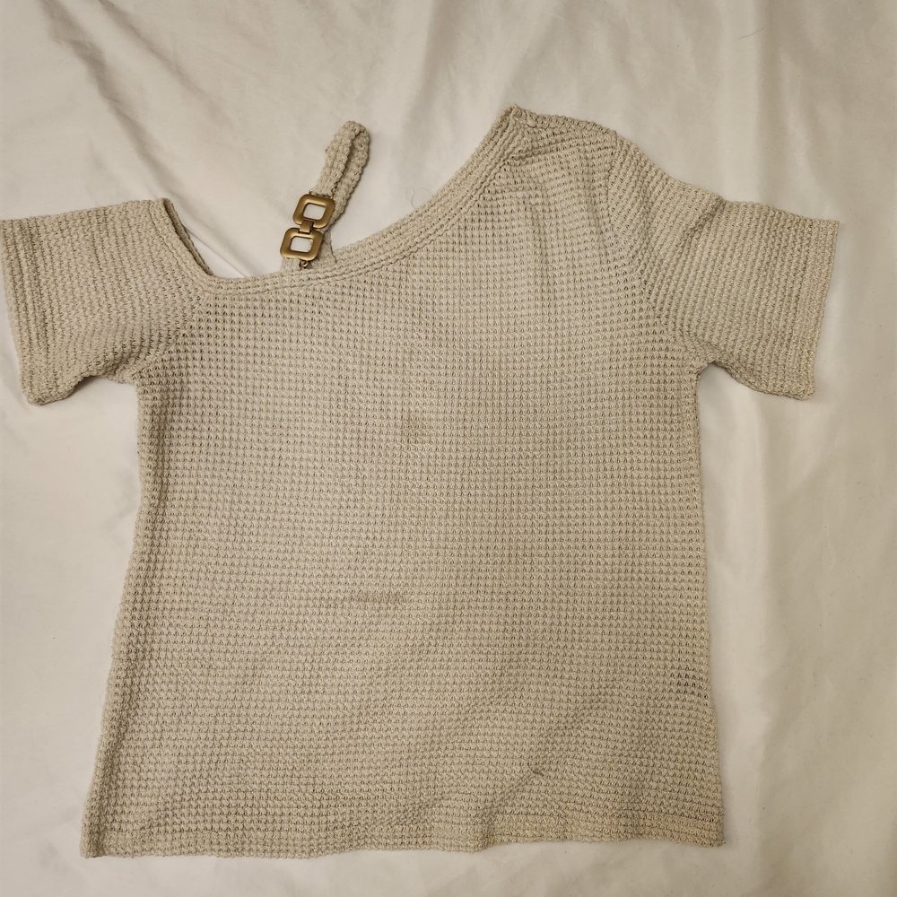 Beige Knit One-Shoulder Top with Buckle Detail